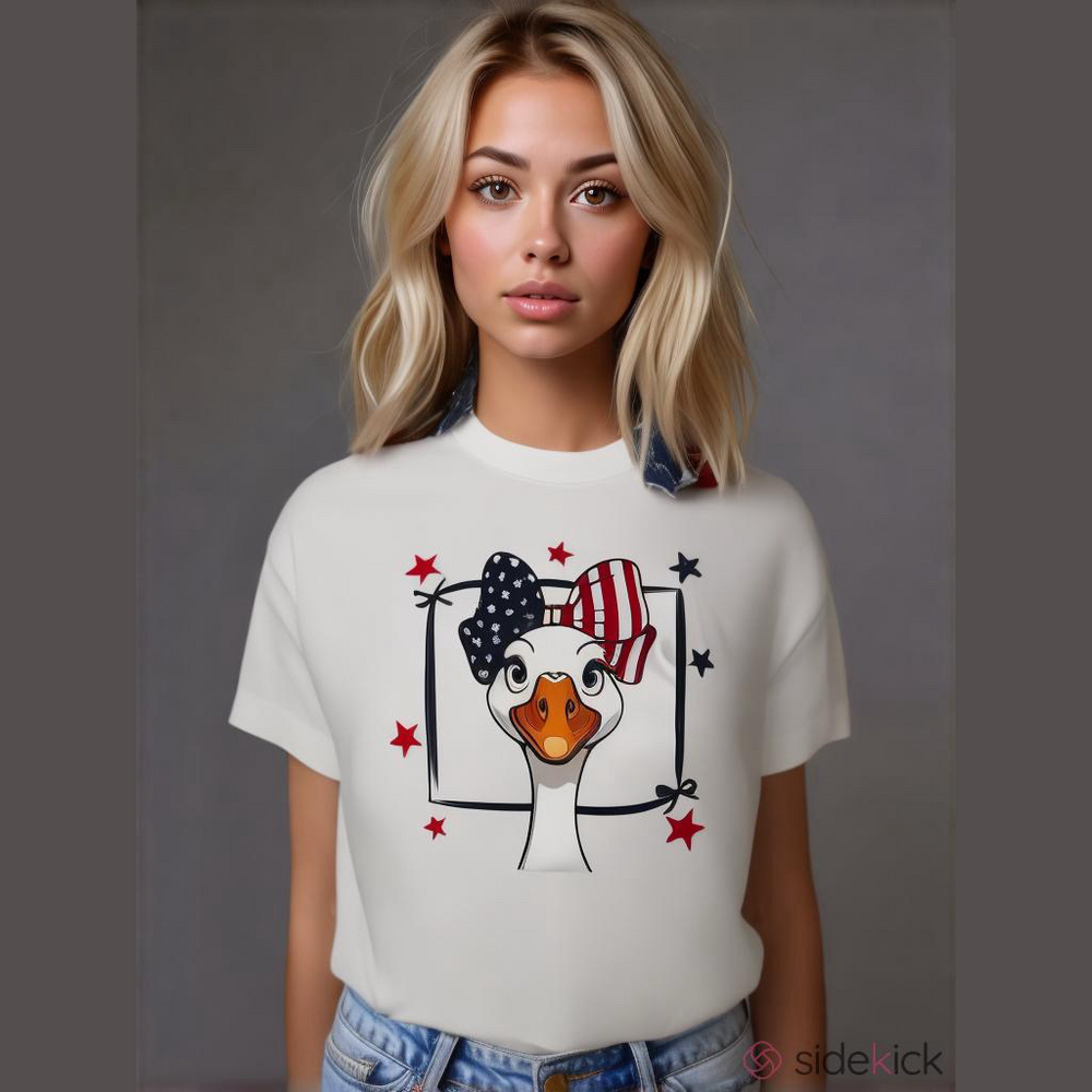 White T-Shirt with Patriotic Goose. Design. Size M